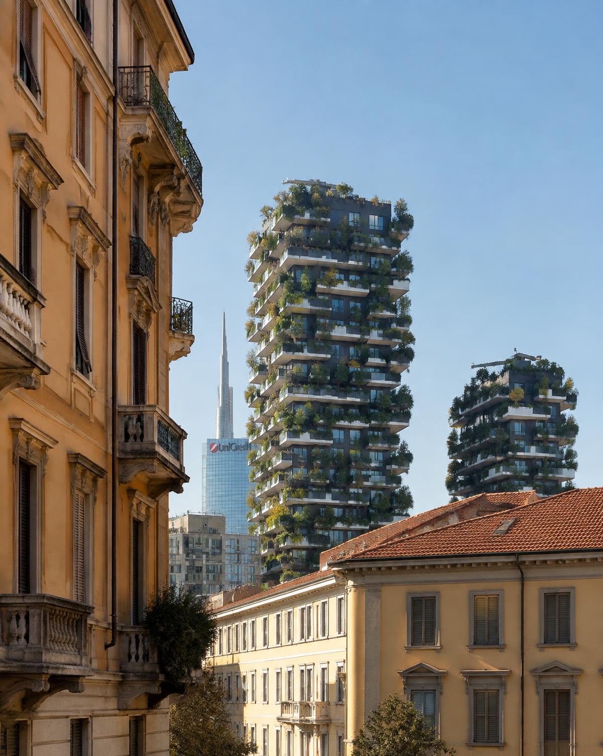 Edifícios históricos em tons ocre com as torres do Bosco Verticale ao fundo, em Milão