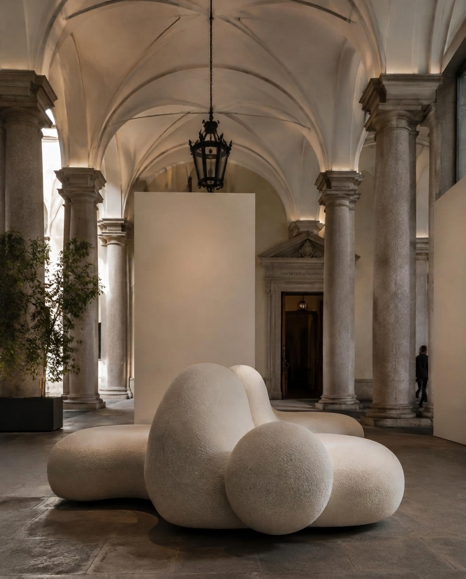 Instalação de design italiano sob abóbadas de um palácio histórico em Milão