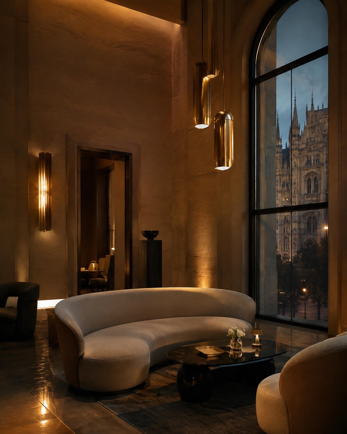 Lounge de hotel em Milão com iluminação quente sobre paredes de pedra, ao anoitecer