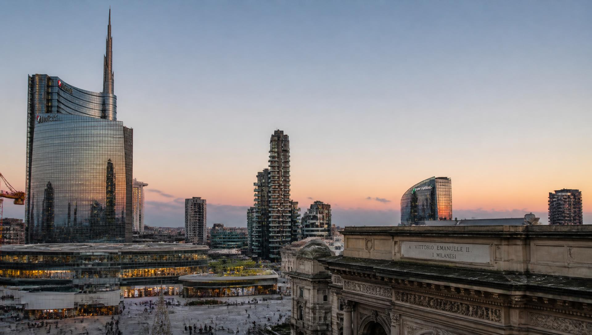 Skyline de Milão com arquitetura contemporânea e histórica ao entardecer